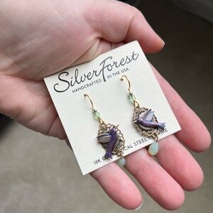 Silver Forest Gold and Purple Bird Earrings